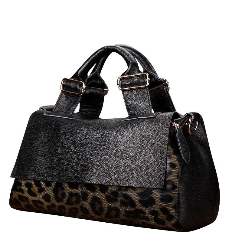 Chic Fashion Genuine Leather Trim Leopard Print Handbag