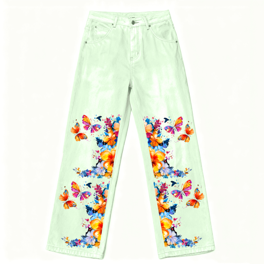 Butterflies in Spring Streetwear Unisex Loose Fit Straight Leg Washed Denim Jeans - Xtreme Shopper