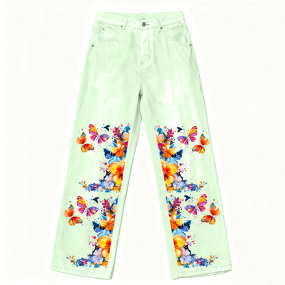 Butterflies in Spring Streetwear Unisex Loose Fit Straight Leg Washed Denim Jeans - Xtreme Shopper