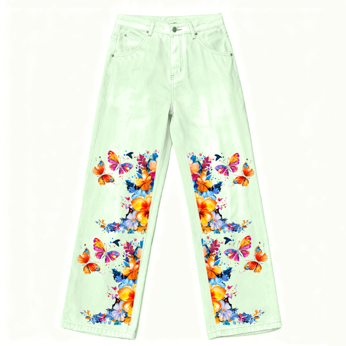 Butterflies in Spring Streetwear Unisex Loose Fit Straight Leg Washed Denim Jeans - Xtreme Shopper