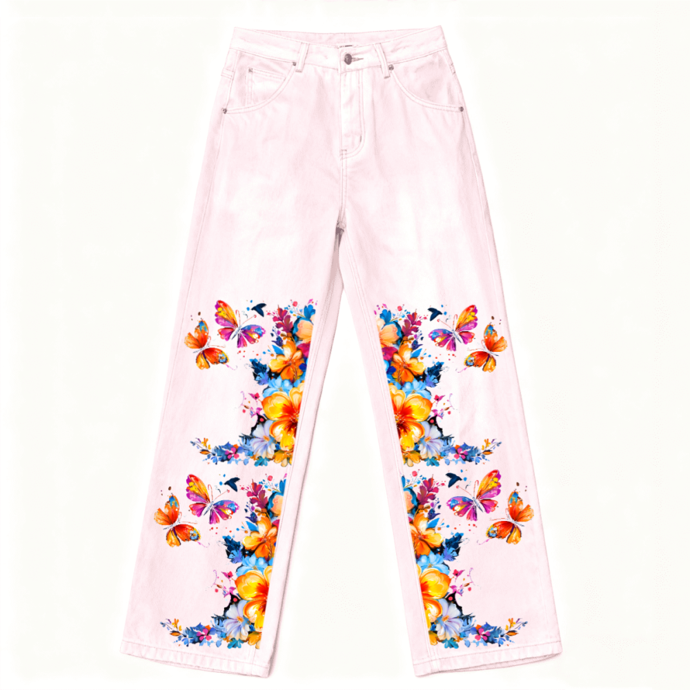 Butterflies in Spring Streetwear Unisex Loose Fit Straight Leg Washed Denim Jeans - Xtreme Shopper
