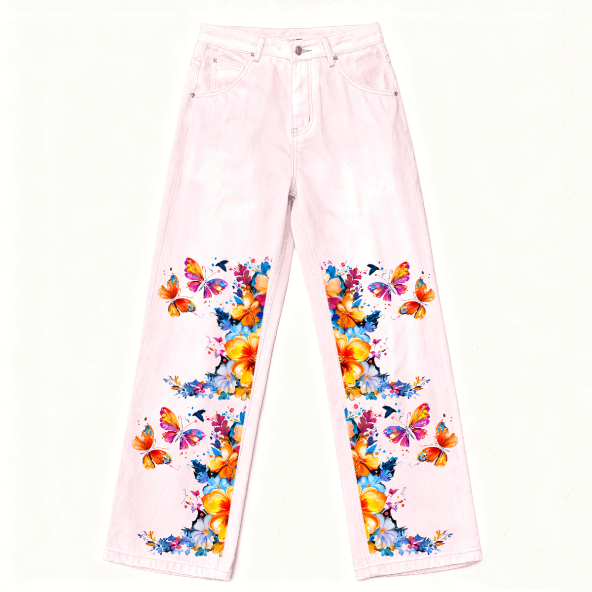 Butterflies in Spring Streetwear Unisex Loose Fit Straight Leg Washed Denim Jeans - Xtreme Shopper