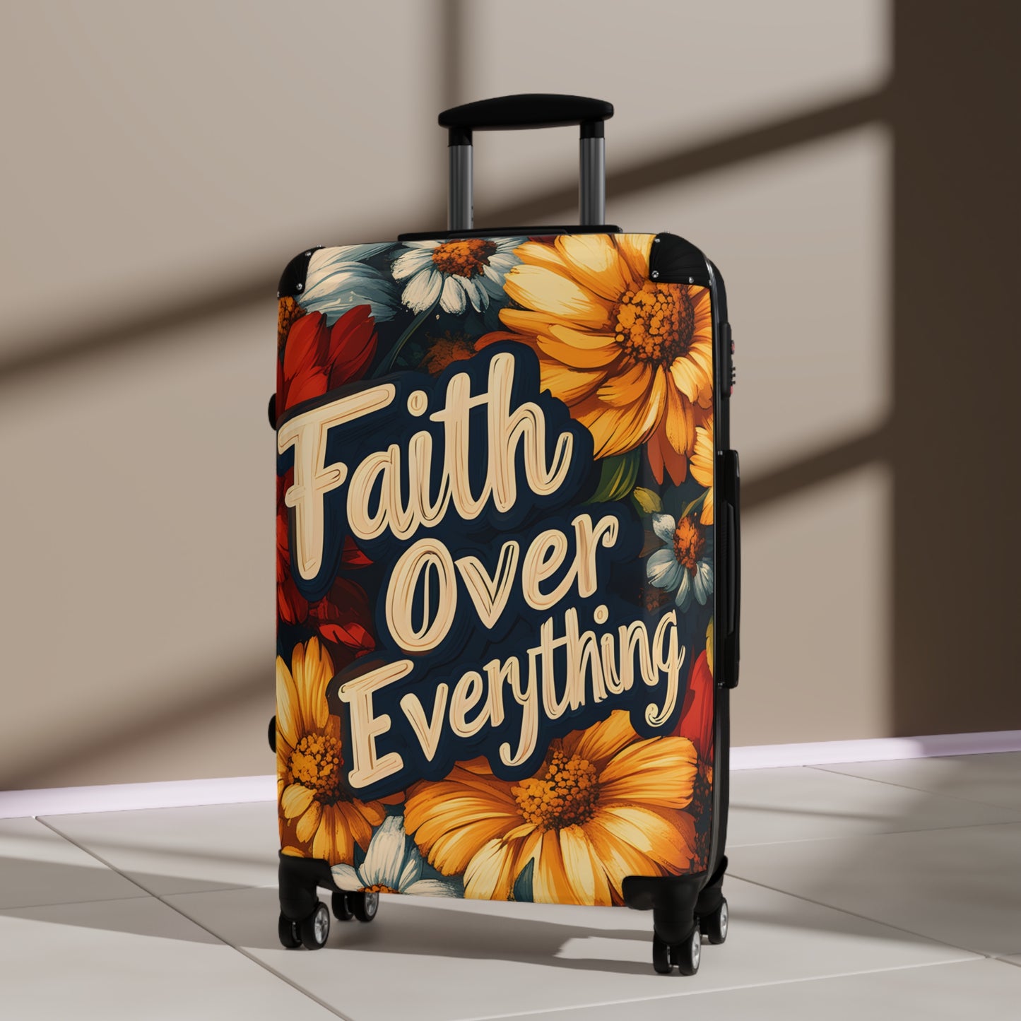 Faith Over Everything Spiritual Floral Art Hardshell Hardside Lockable Spinner Suitcase Luggage