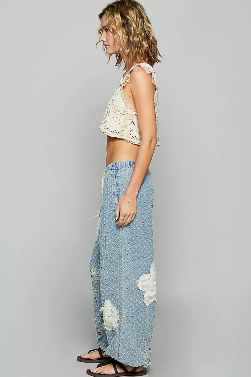 POL Boho Floral Patch Washed Textured Twill Pants with Crochet See Thru Patch - Xtreme Shopper