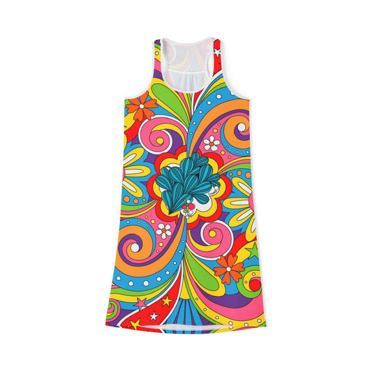 It's Groovy Vibrant Abstract Psychedelic Print Comfort Stretch Racerback Dress