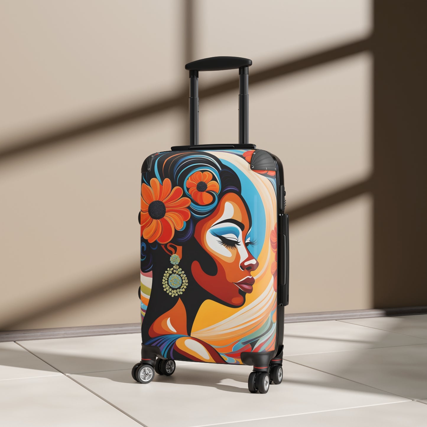 Psychedelic Flowers In Bloom Black Art Hardshell Hardside Lockable Spinner Suitcase Luggage