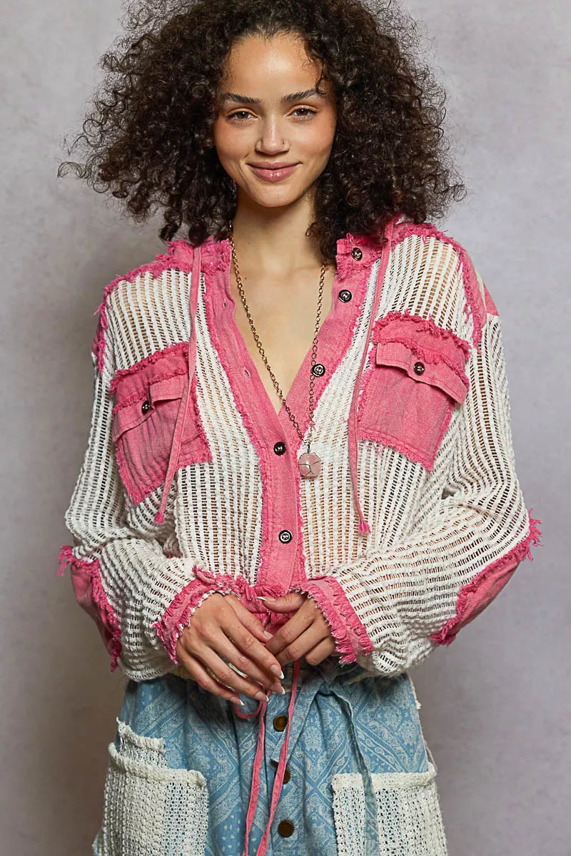 POL Texture Woven Button Down Hooded Shirt with Drawstring Hem - Xtreme Shopper