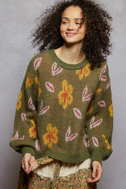 POL Floral Pattern Round Neck Balloon Sleeve Wool Blend Sweater - Xtreme Shopper