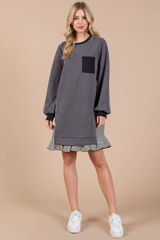 Ces Femme Striped Patchwork Round Neck Terry Sweatshirt Dress - Xtreme Shopper