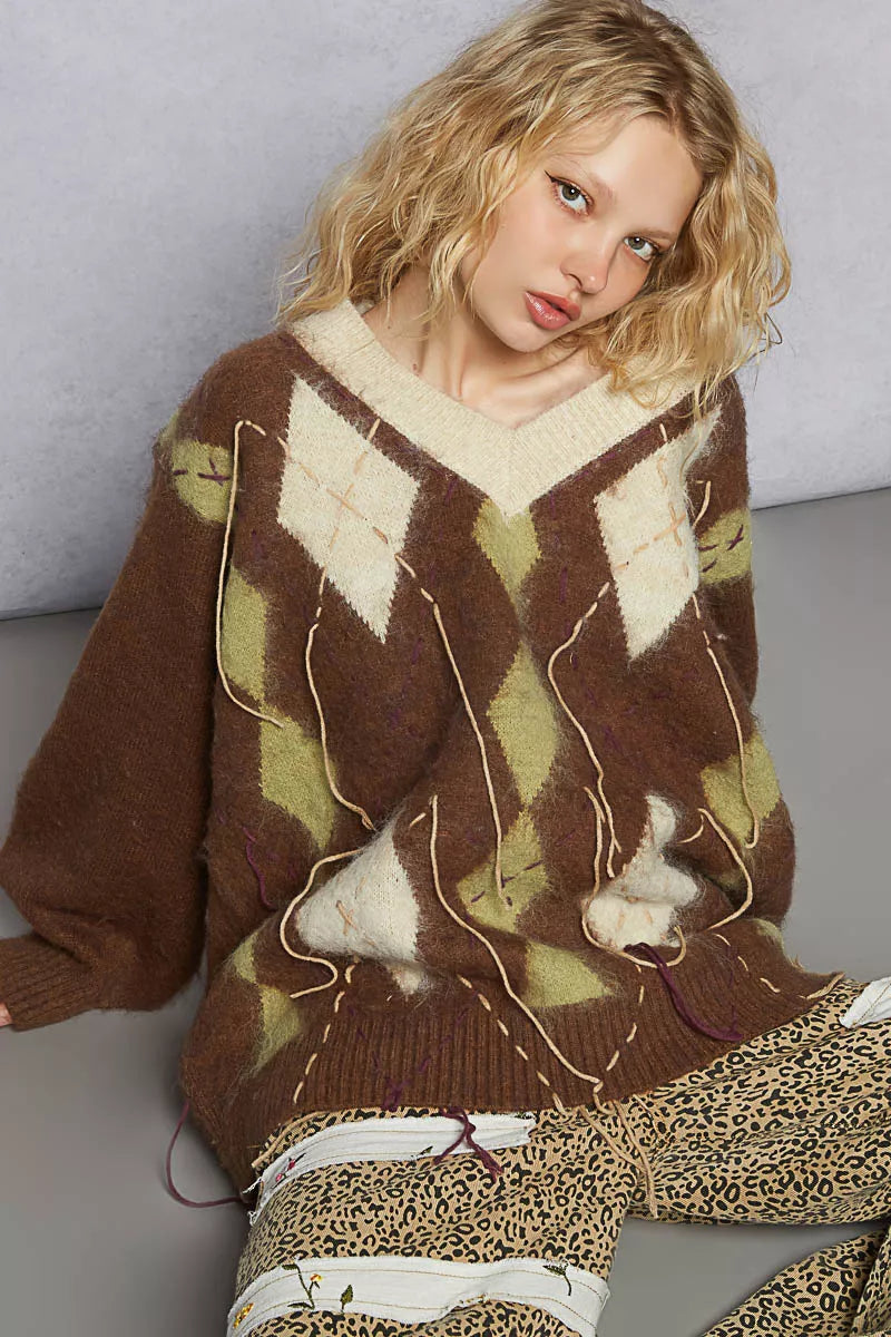 POL V-Neck Argyle Pattern Mohair Sweater with Contrast Exposed Stitch Detail - Xtreme Shopper