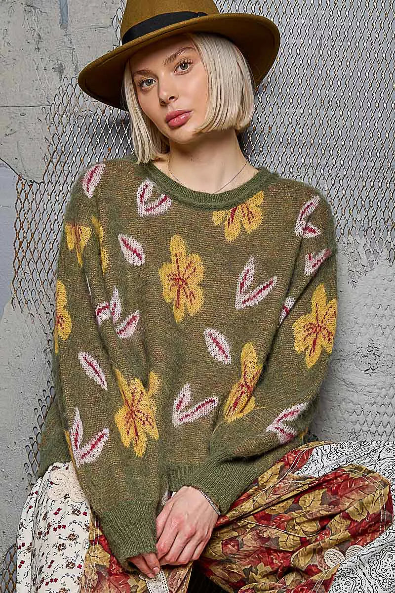 POL Floral Pattern Round Neck Balloon Sleeve Wool Blend Sweater - Xtreme Shopper
