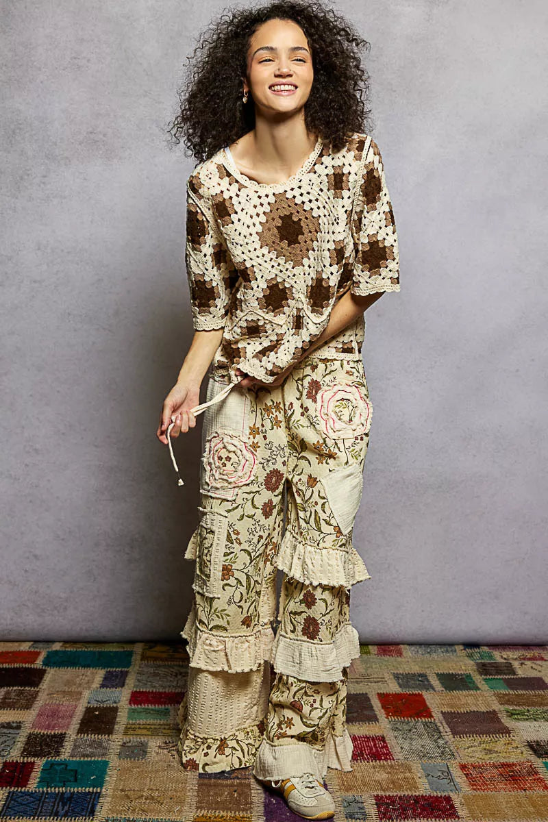 POL Boho Round Neck Short Sleeve Color Pattern Crochet Top with Border Accents - Xtreme Shopper