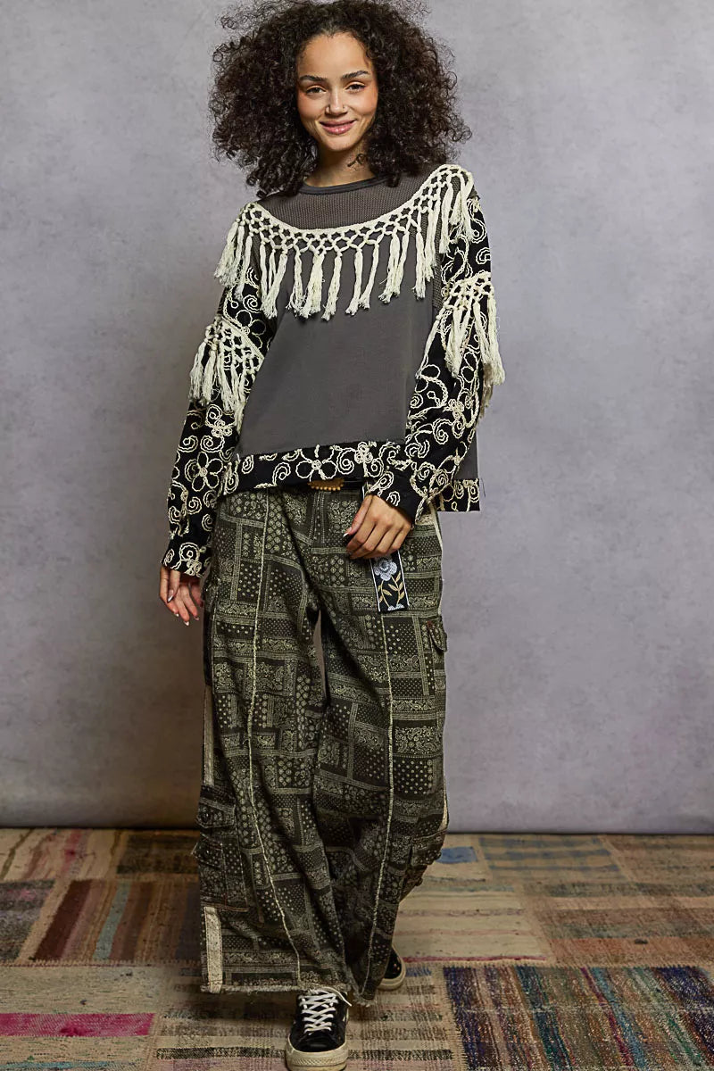 POL Boho Contrast Floral Embroidery Balloon Sleeve Top with Tassel Trim - Xtreme Shopper