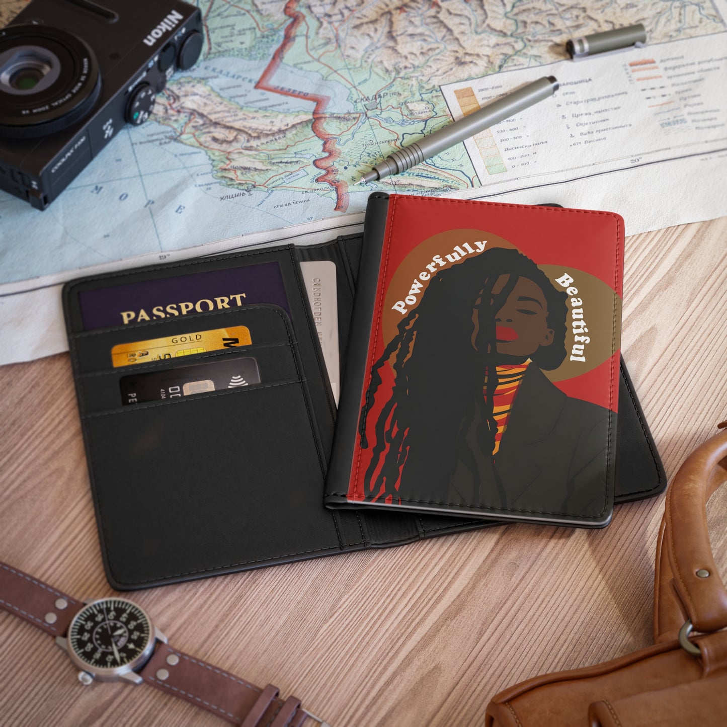 Powerfully Beautiful Vegan Leather Black Art RFID Blocking Passport Cover