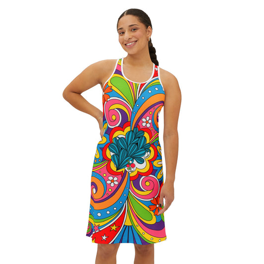It's Groovy Vibrant Abstract Psychedelic Print Comfort Stretch Racerback Dress