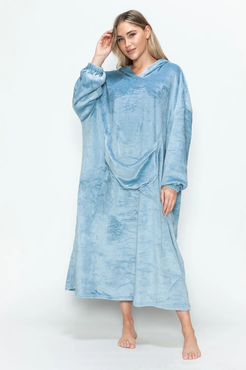 Double Vented Robe Double Take Full Size Pocketed Hooded Velour Blanket Lounge Robe