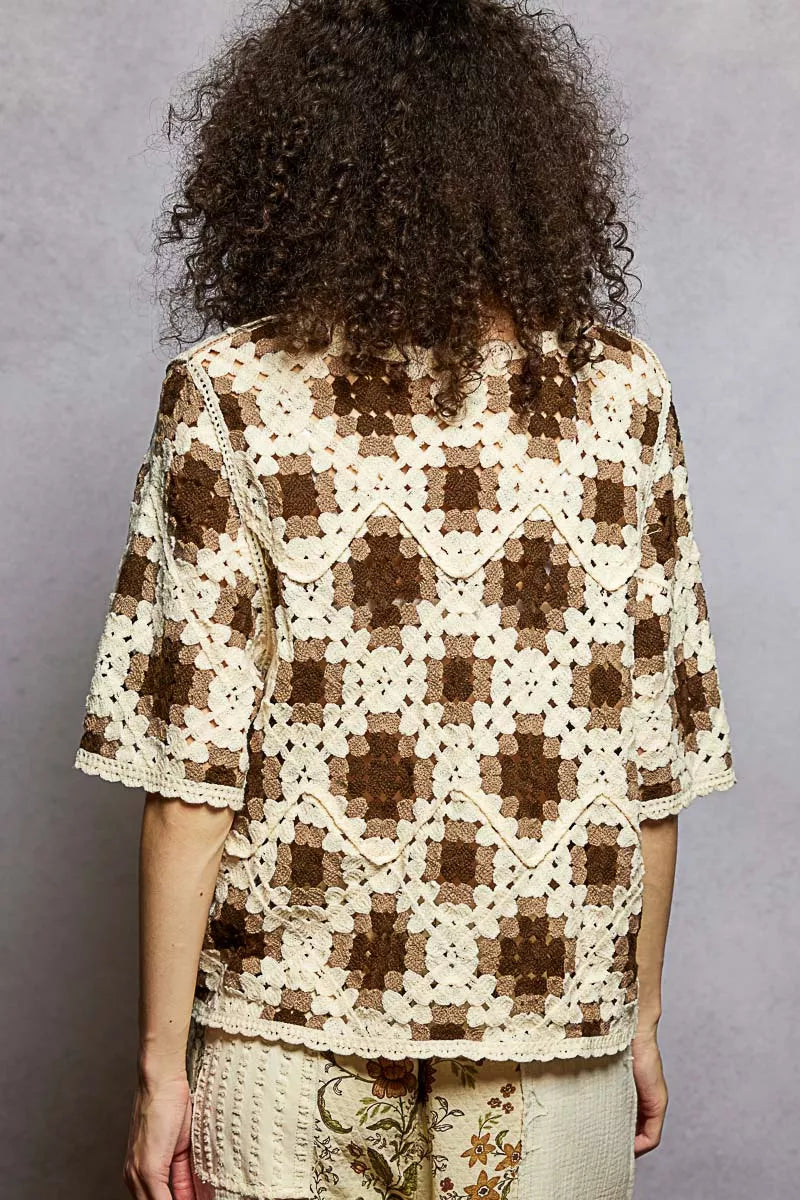 POL Boho Round Neck Short Sleeve Color Pattern Crochet Top with Border Accents - Xtreme Shopper