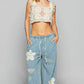 POL Boho Floral Patch Washed Textured Twill Pants with Crochet See Thru Patch - Xtreme Shopper