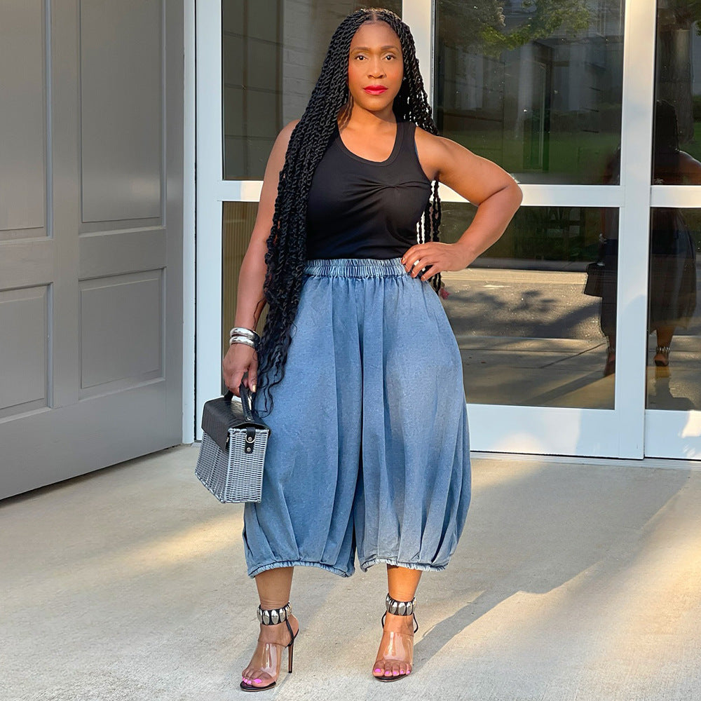 Trendy Cropped Wide Leg Denim Pants
