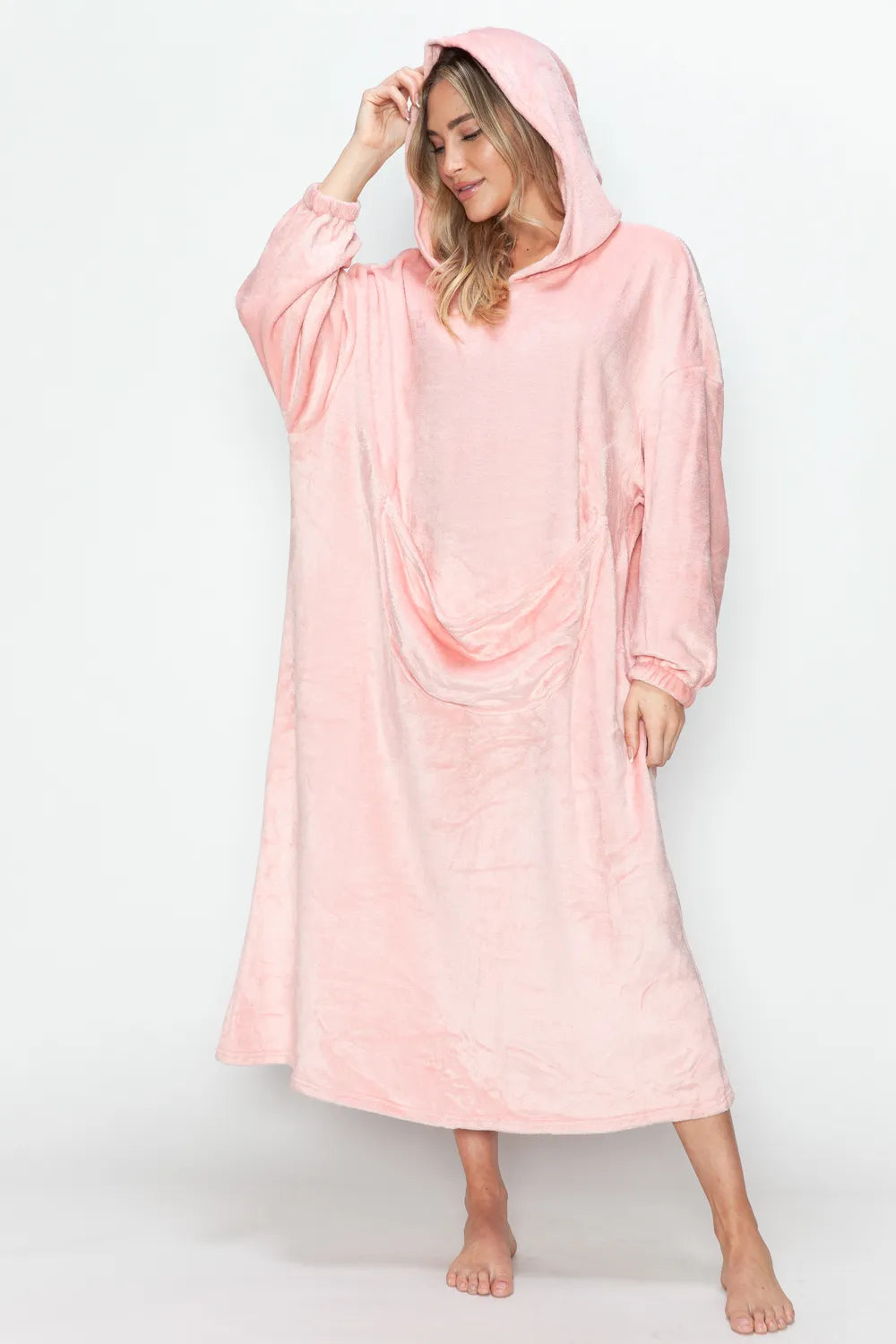 Double Vented Robe Double Take Full Size Pocketed Hooded Velour Blanket Lounge Robe