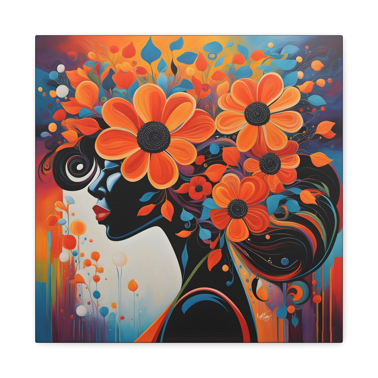 Flowery Thoughts Black Woman Art Canvas Wall Print