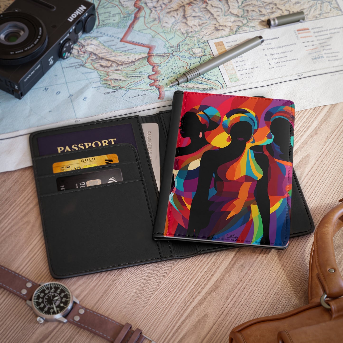 Girlfriends In Abstract Vegan Leather Black Art RFID Blocking Passport Cover