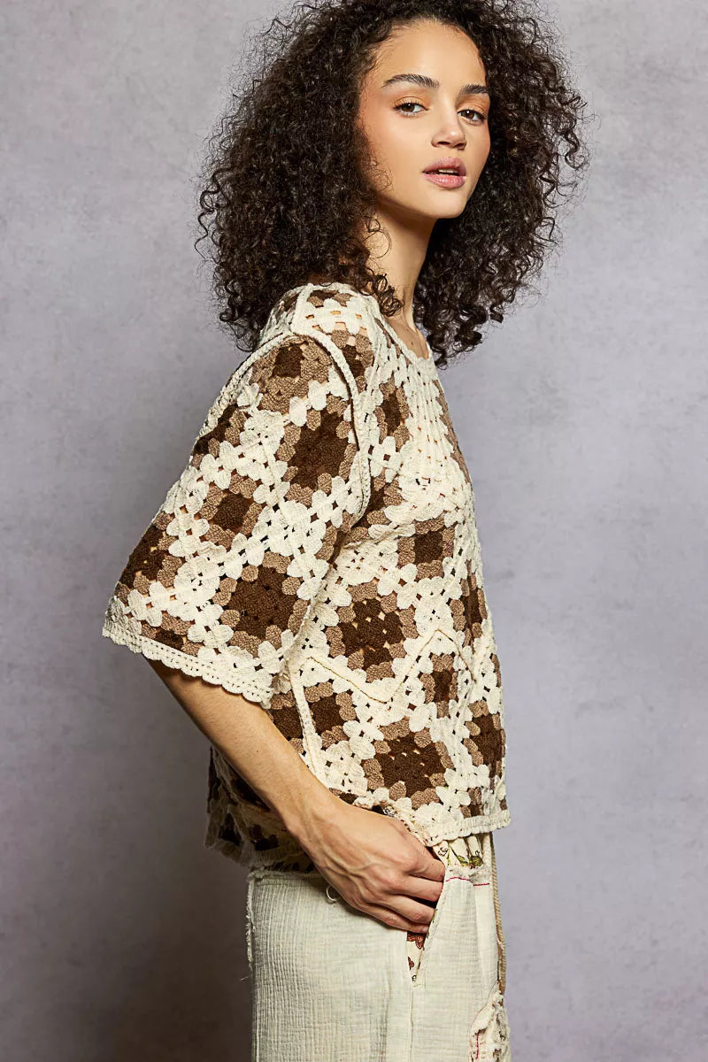 POL Boho Round Neck Short Sleeve Color Pattern Crochet Top with Border Accents - Xtreme Shopper