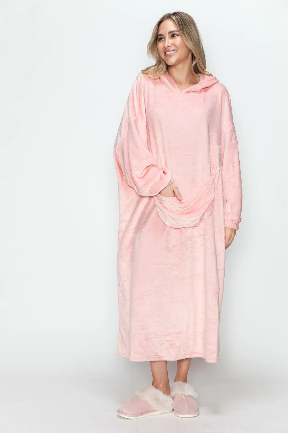 Double Vented Robe Double Take Full Size Pocketed Hooded Velour Blanket Lounge Robe