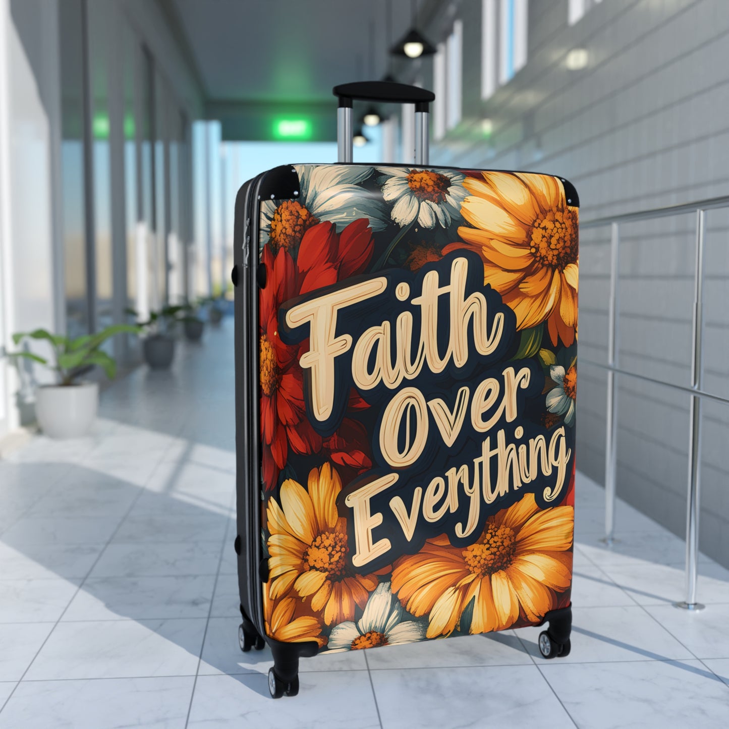 Faith Over Everything Spiritual Floral Art Hardshell Hardside Lockable Spinner Suitcase Luggage