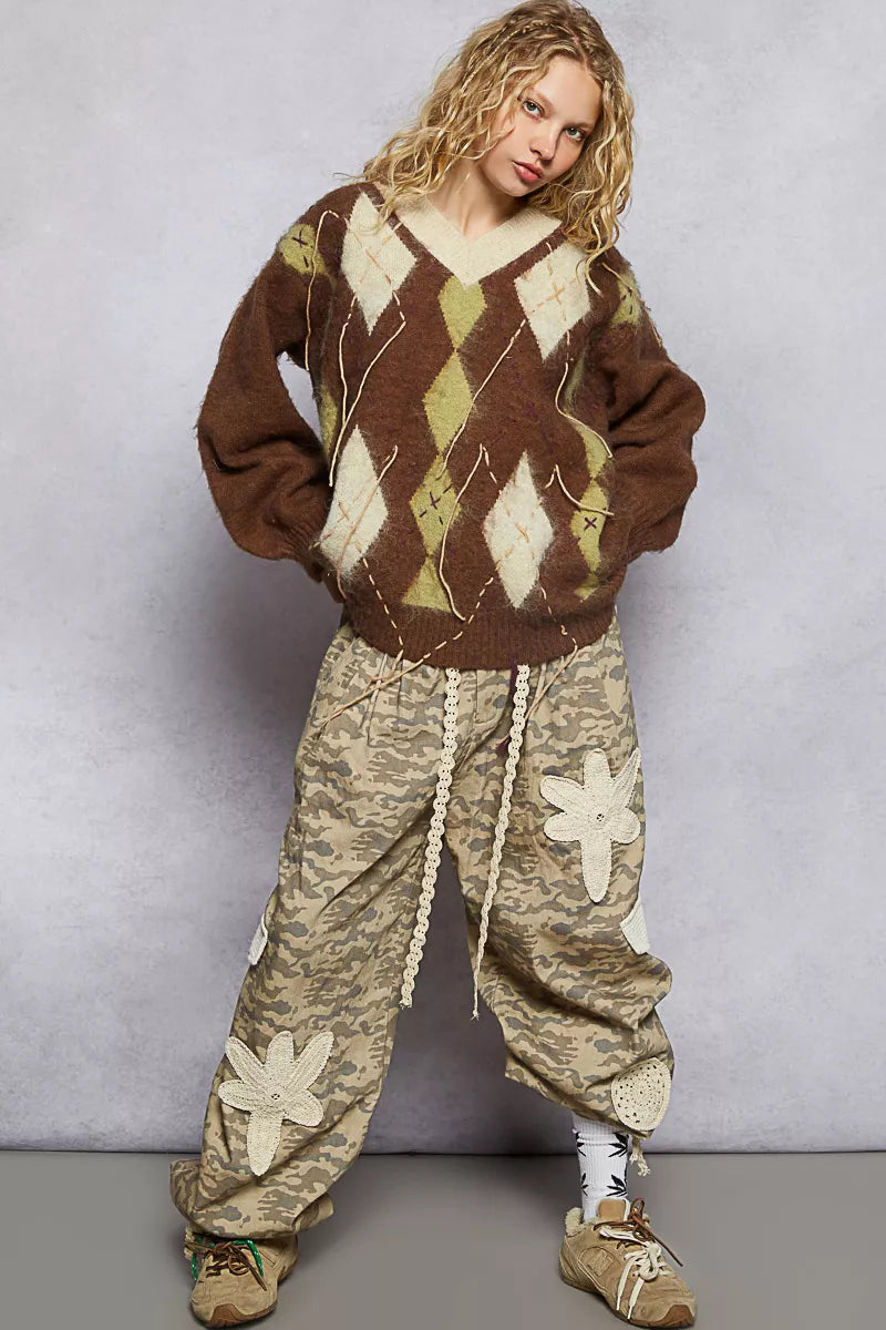 POL V-Neck Argyle Pattern Mohair Sweater with Contrast Exposed Stitch Detail - Xtreme Shopper