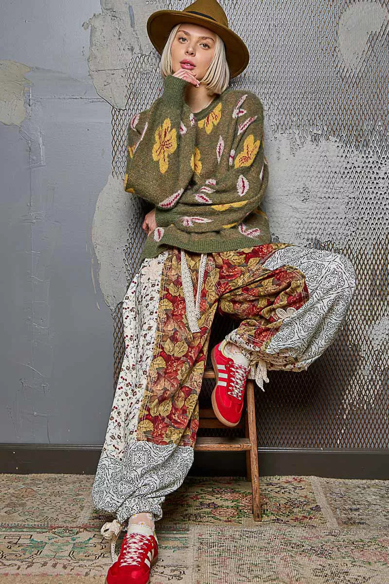 POL Floral Pattern Round Neck Balloon Sleeve Wool Blend Sweater - Xtreme Shopper