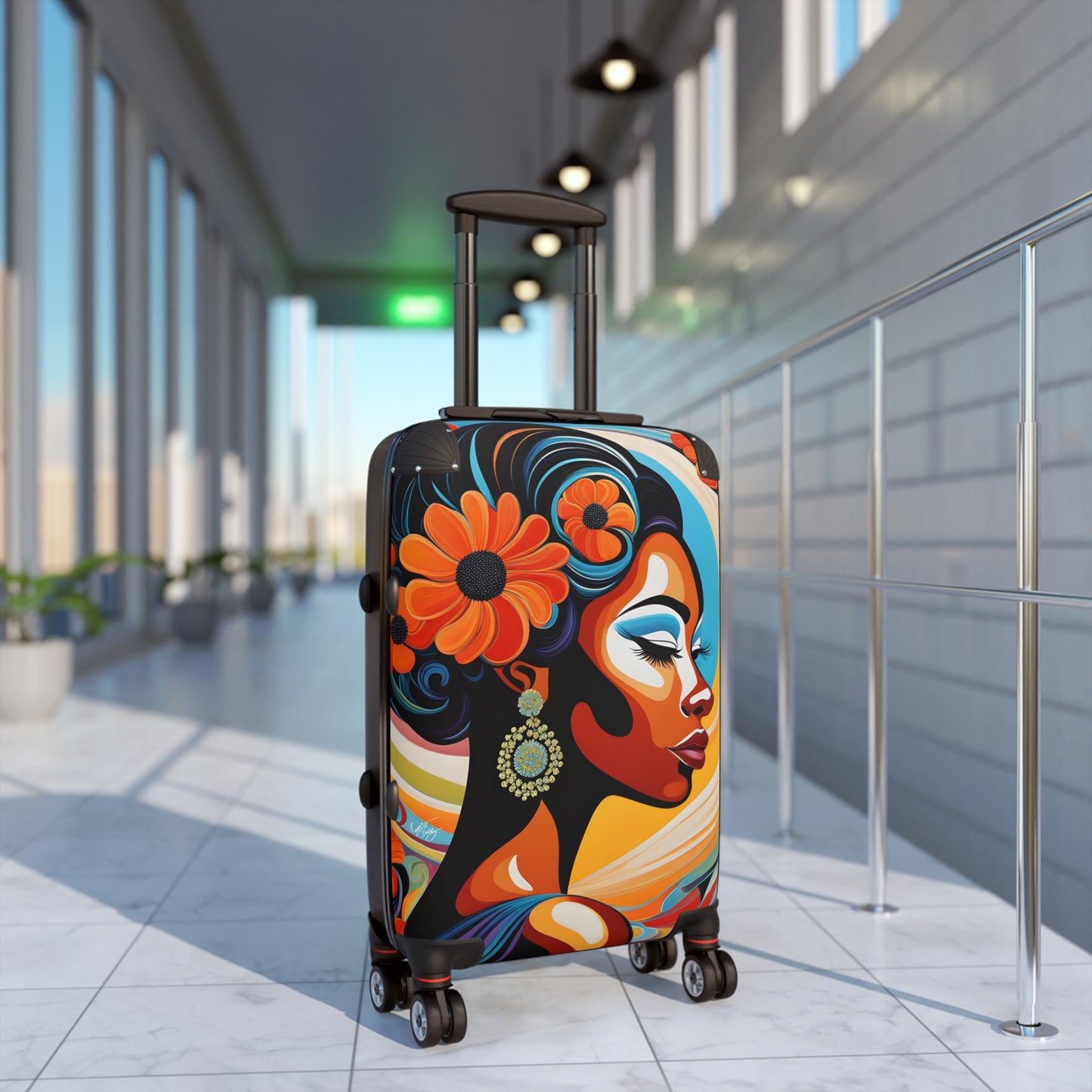 Psychedelic Flowers In Bloom Black Art Hardshell Hardside Lockable Spinner Suitcase Luggage