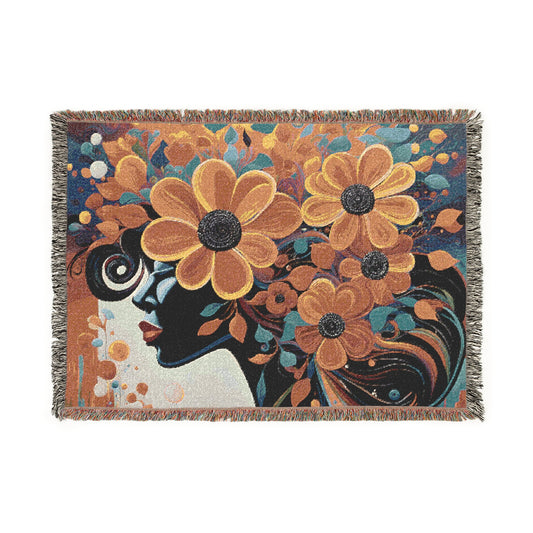 Flowery Thoughts Black Woman Art Woven Throw Blanket
