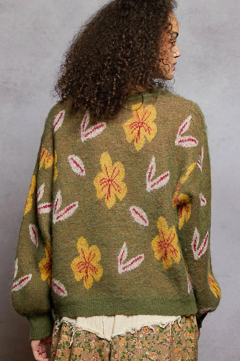 POL Floral Pattern Round Neck Balloon Sleeve Wool Blend Sweater - Xtreme Shopper