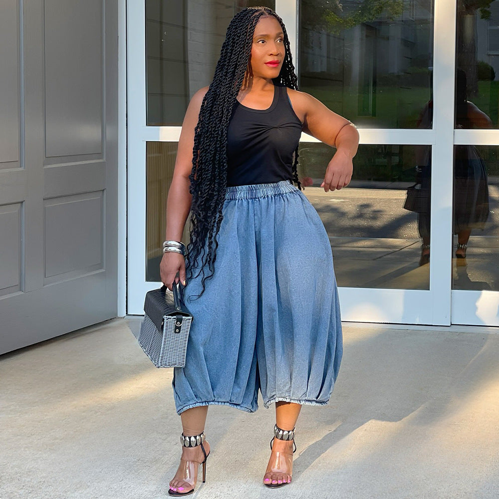 Trendy Cropped Wide Leg Denim Pants