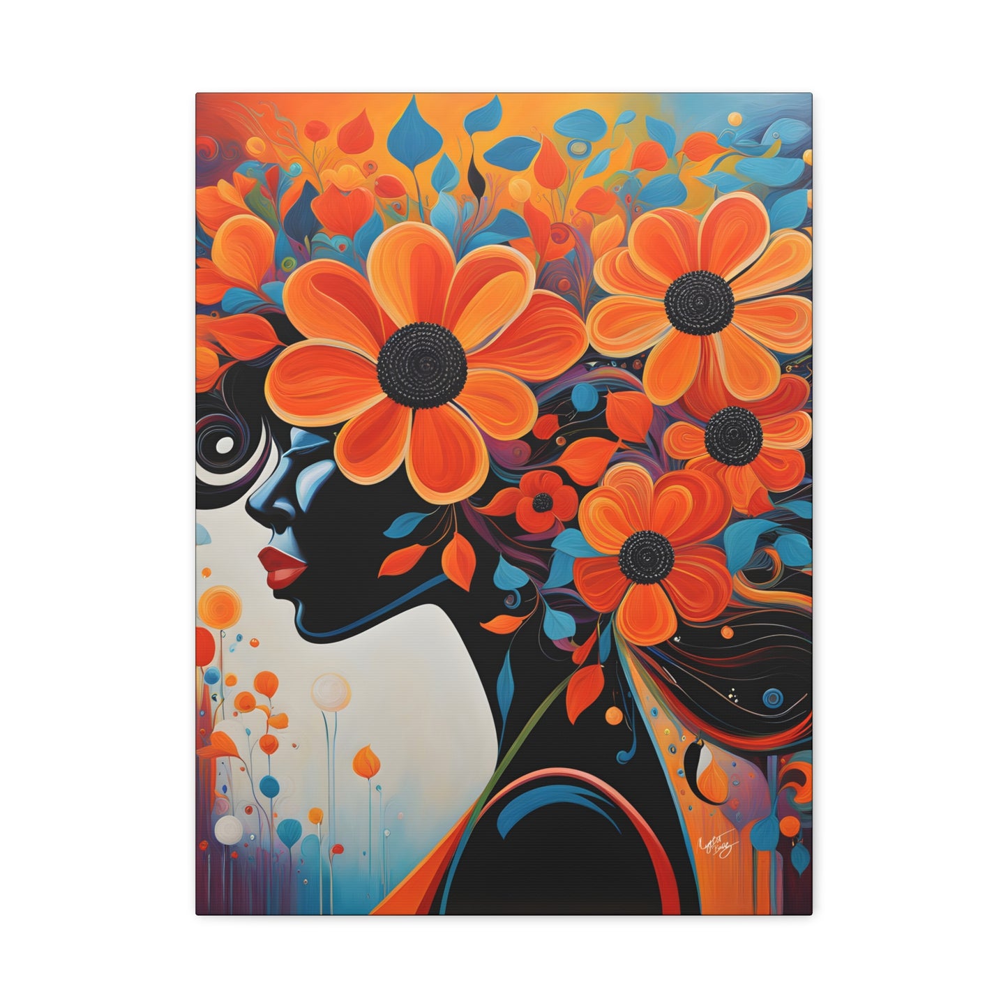 Flowery Thoughts Black Woman Art Canvas Wall Print