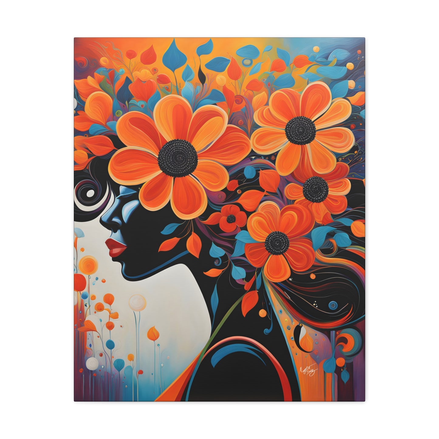 Flowery Thoughts Black Woman Art Canvas Wall Print