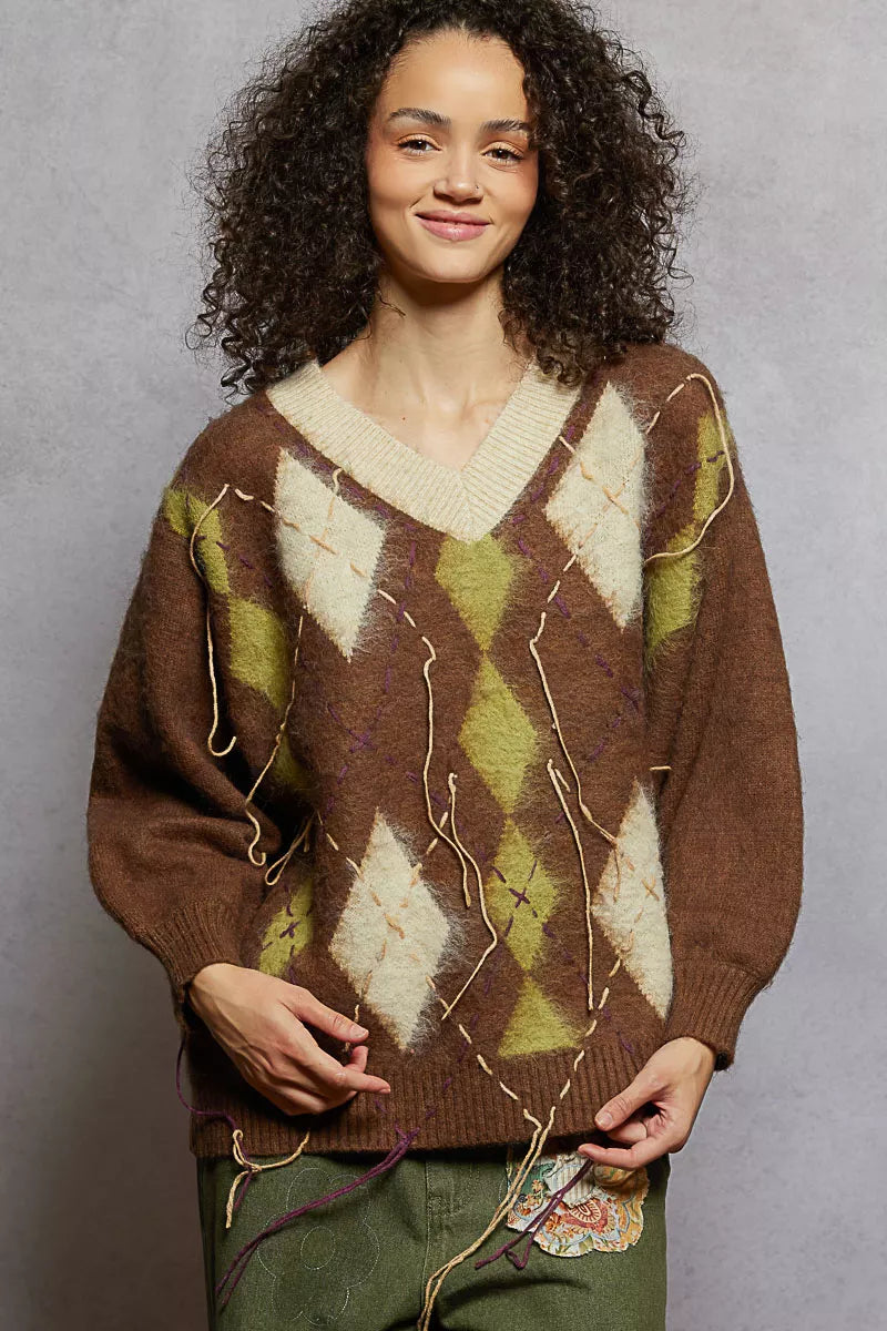 POL V-Neck Argyle Pattern Mohair Sweater with Contrast Exposed Stitch Detail - Xtreme Shopper