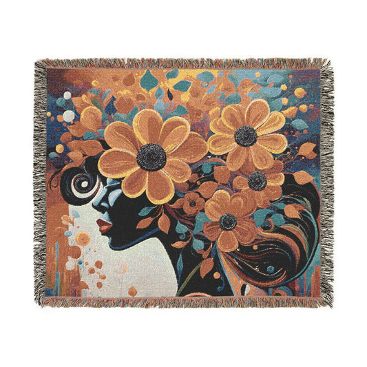 Flowery Thoughts Black Woman Art Woven Throw Blanket