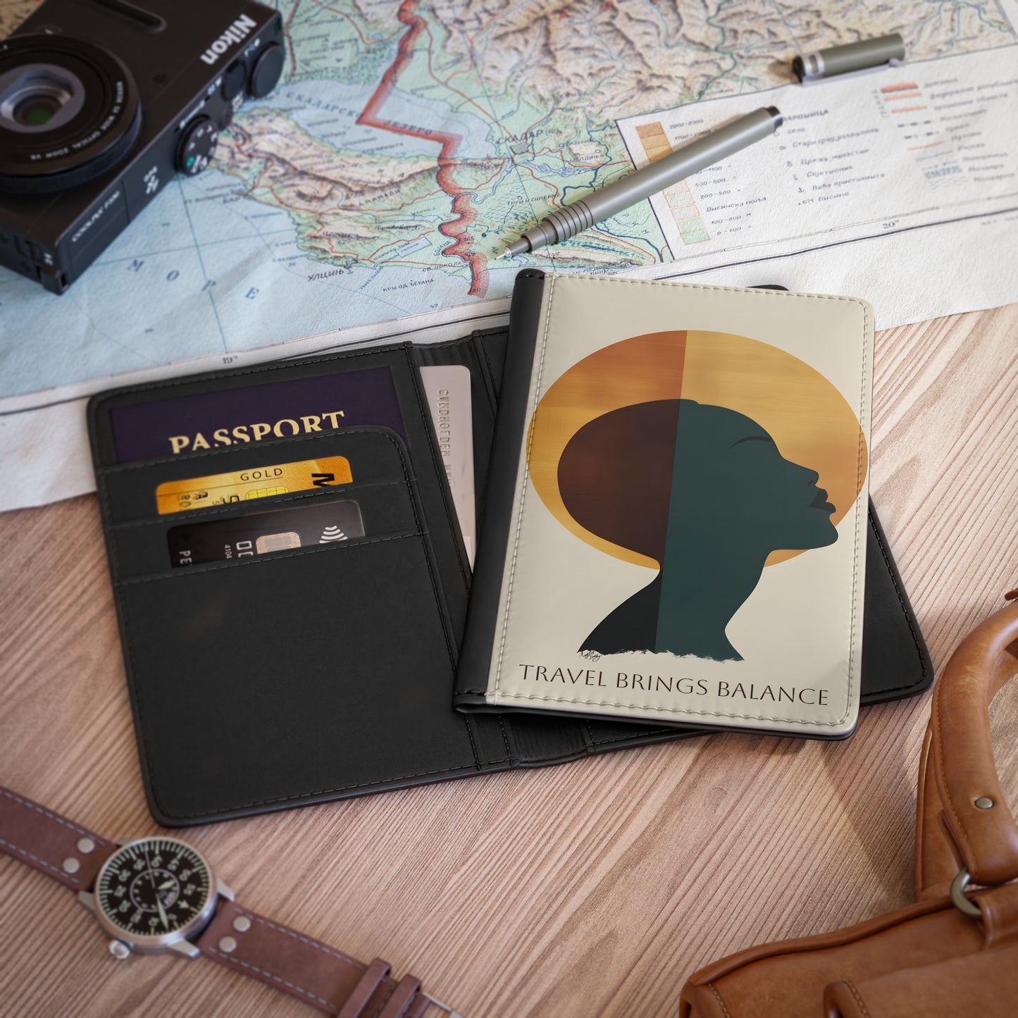 Travel Brings Balance Vegan Leather Black Art RFID Blocking Passport Cover