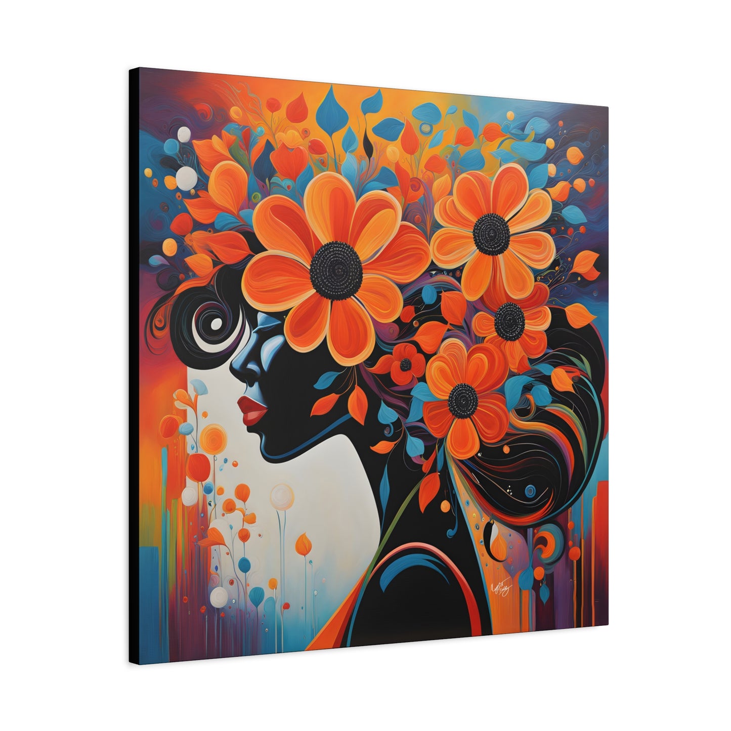 Flowery Thoughts Black Woman Art Canvas Wall Print