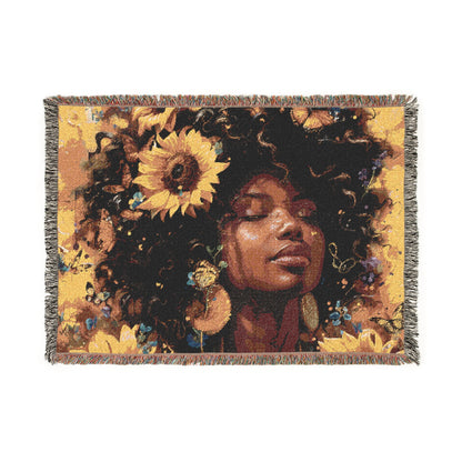 Daisies Everywhere Afrocentric Black Woman Abstract Art Woven Throw Blanket