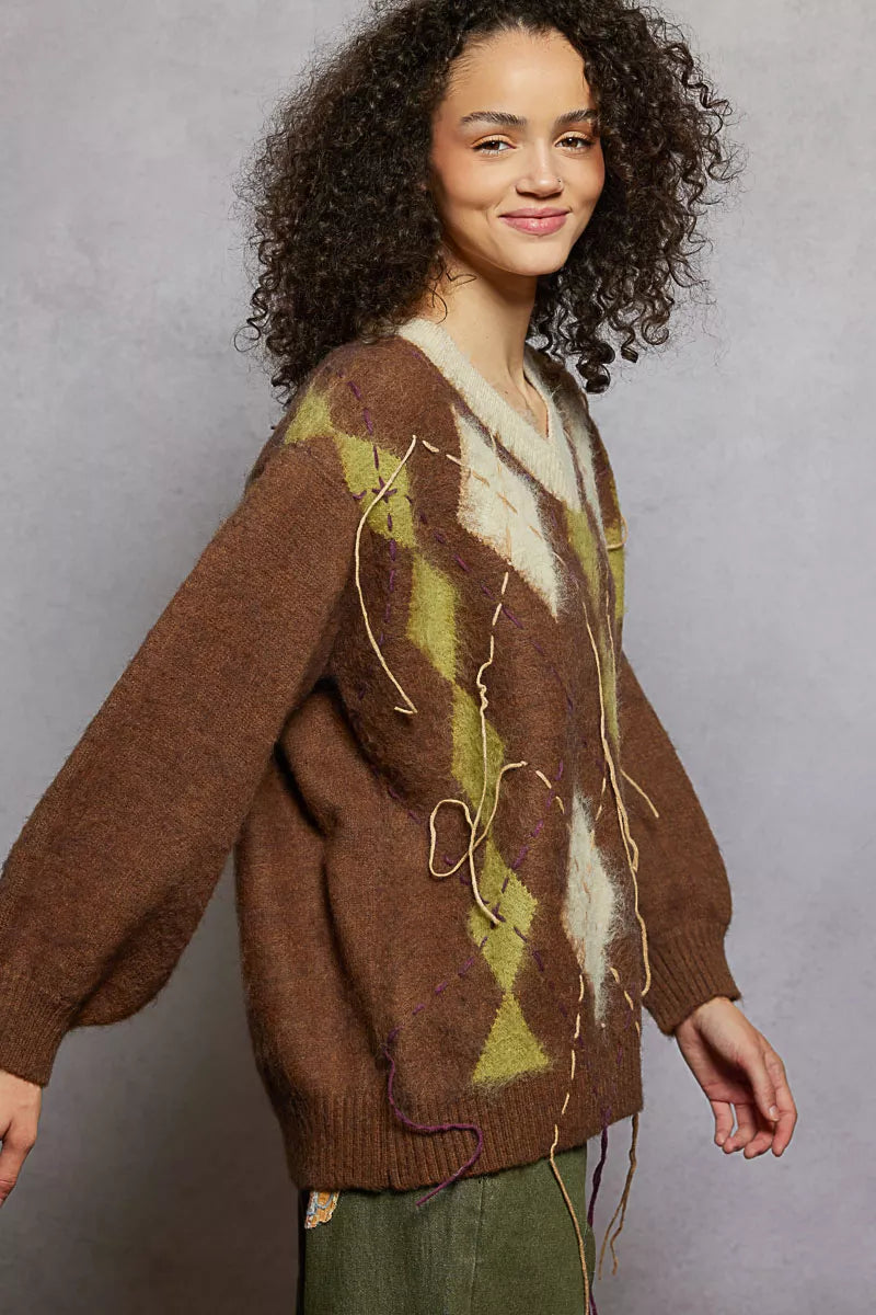 POL V-Neck Argyle Pattern Mohair Sweater with Contrast Exposed Stitch Detail - Xtreme Shopper