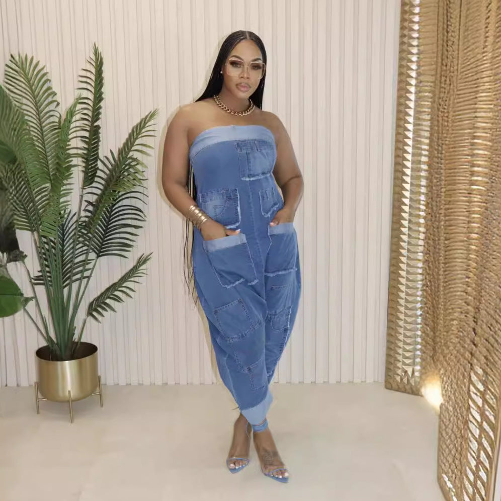 Trendy Sleeveless Harem Style Denim Jumper