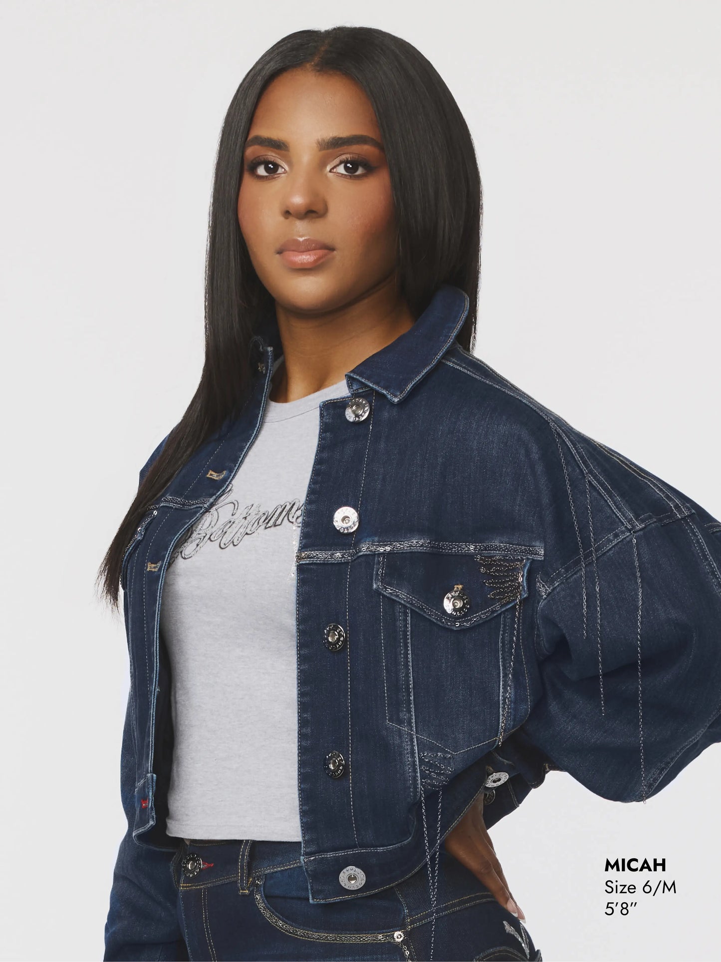 Cropped Chain Link Denim Jacket