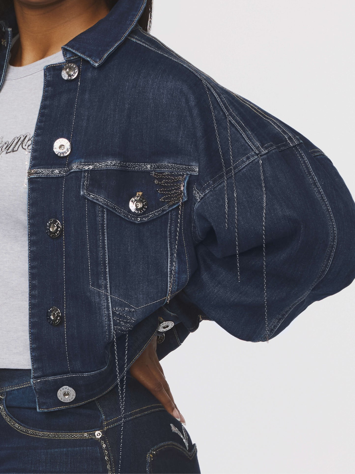 Cropped Chain Link Denim Jacket