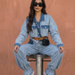 Trendy Two Tone Cropped Contrast Denim Jeans and Cropped Top Set