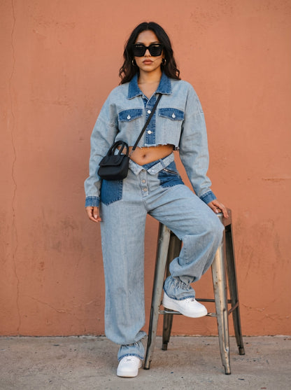 Trendy Two Tone Cropped Contrast Denim Jeans and Cropped Top Set