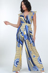 Ruffle Sleeve Surplice Geometric Print Jumpsuit - Xtreme Shopper