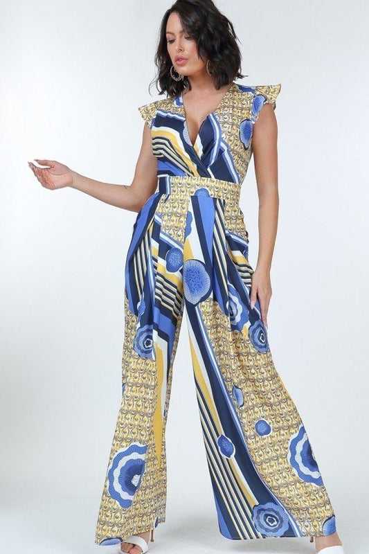 Ruffle Sleeve Surplice Geometric Print Jumpsuit - Xtreme Shopper